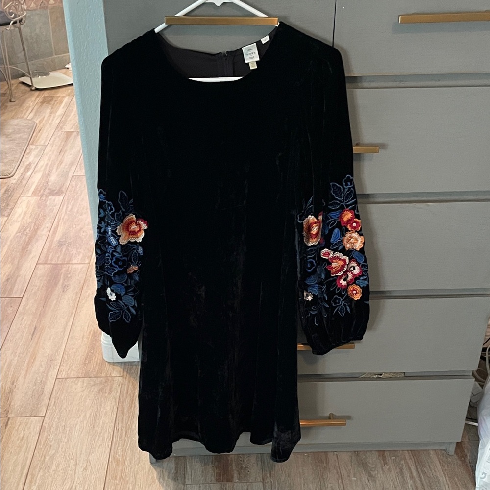 Anthropologie Black Dress with Floral Embroidery